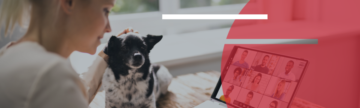 Woman taking part in a webinar with pet dog sat alongside